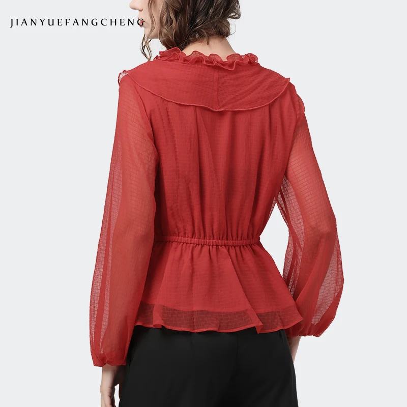 Long Sleeve Red Chiffon Tops Fashion Elastic High Waist Ruffles V-Neck Lantern Sleeved Women Spring Summer Blouses Elegant Slim