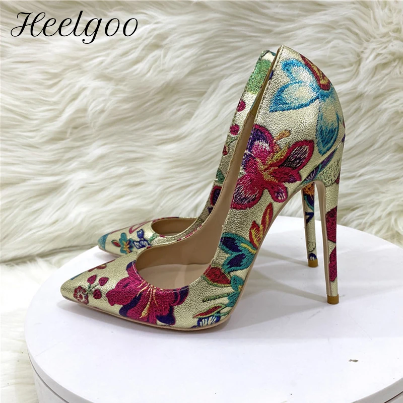 

Heelgoo Floral Embroidered Women Gold Pointy Toe 8-cm High Heel Shoes Sexy Slip On Stiletto Pumps for Party Large Size 33-45