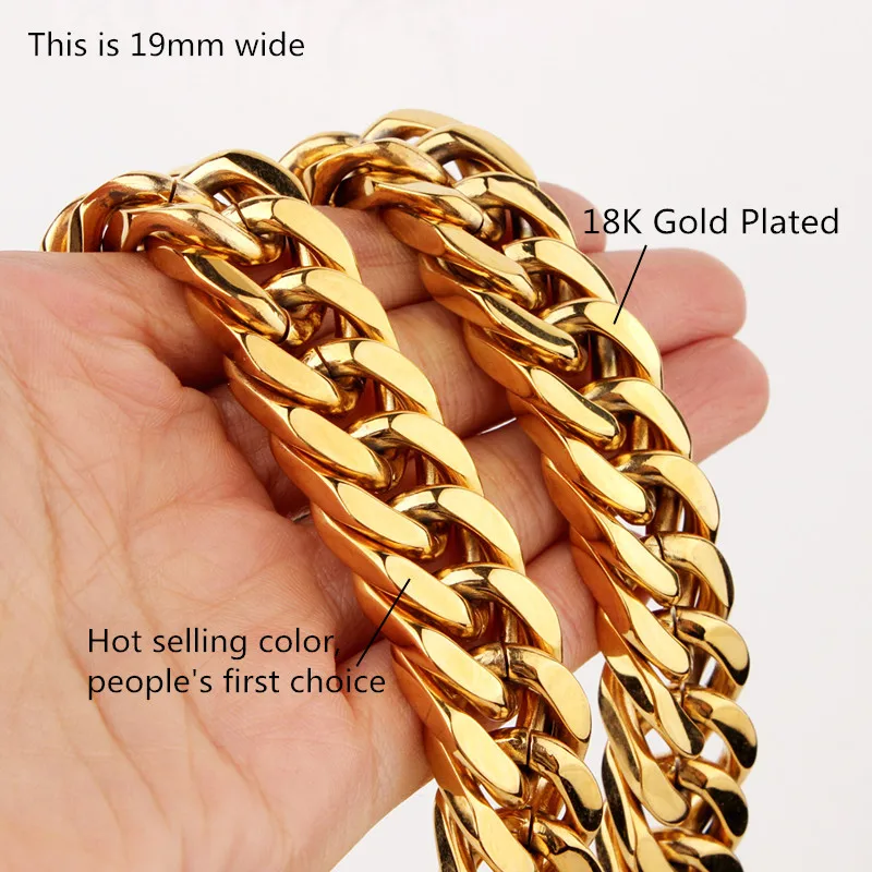 Heavy Boys Men\'s 10/12/14/17/19mm Gold Tone/Silver Color Stainless Steel Curb Cuban Link Chain Necklace Choker Jewelry 7-40inch