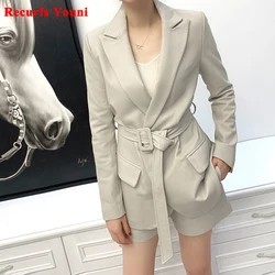 2 Piece Suits Women Genuine Leather Coat Silhouette Casual Handsome Suit With Belt Female Grey Chic Blazer And Shorts Set