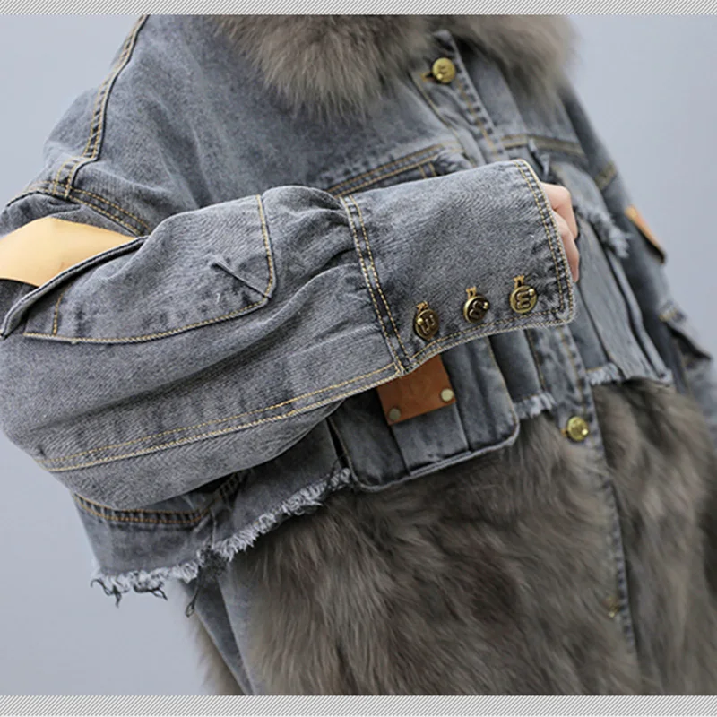 Casual Denim Jacket Women Winter New Fashion Denim Imitation Fox Fur Stitching Fur Coat Parkas Oversized Workwear Thick Outwear