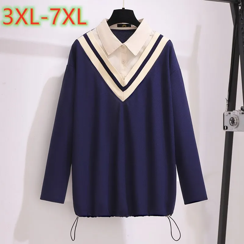 New 2022 Ladies Spring Autumn Plus Size Women Clothing Tops For Women Large Long Sleeve Blue Fake Two Pieces 3XL 4XL 5XL 6XL 7XL