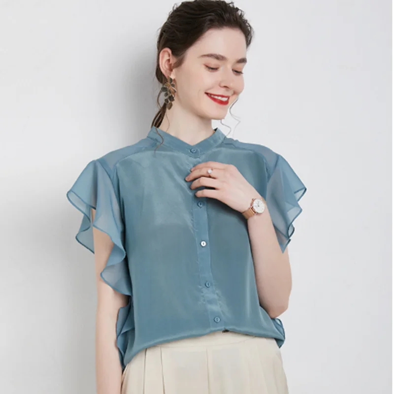 Silk Blouse Women Summer New Style Fog Blue Shirt Fashionable Foreign Style Mulberry Silk Blouse Outdoor Travel College Clothes