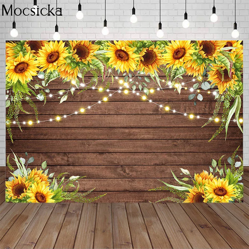 

Newborn Photocall Backdrop Sunflower Brown Planks Board Baby Shower Background Spring Child Portrait Party Photo Custom Banner