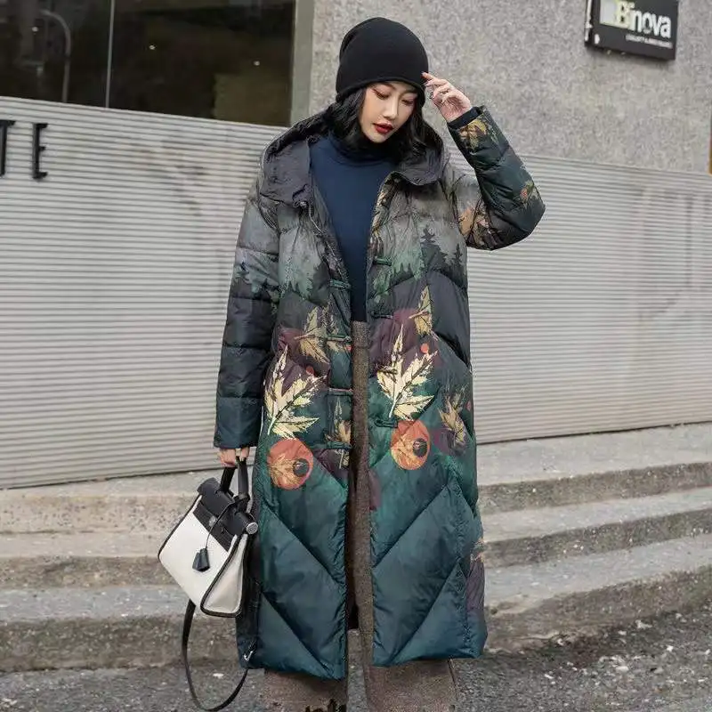 Women\'s Winter New Fashion Long Yellow Green Orange White Duck Down Coat Women\'s Loose Warm Jacket  Female Print Hooded Coat