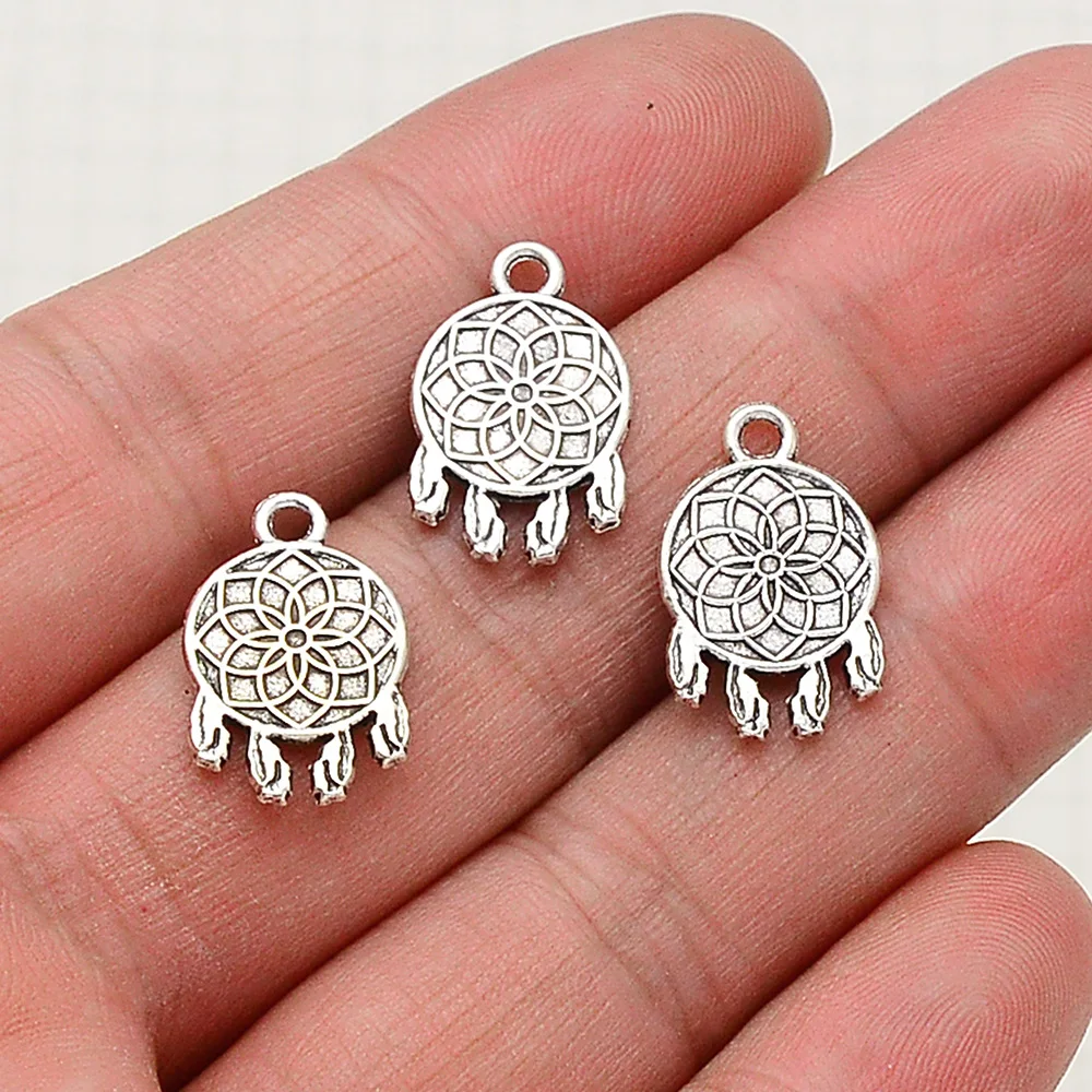 50pcs/Lots 12x18mm Antique Silver Plated Dreamcatcher Charms Pendants For DIY Earring Bracelets Necklace Jewelry Making Findings