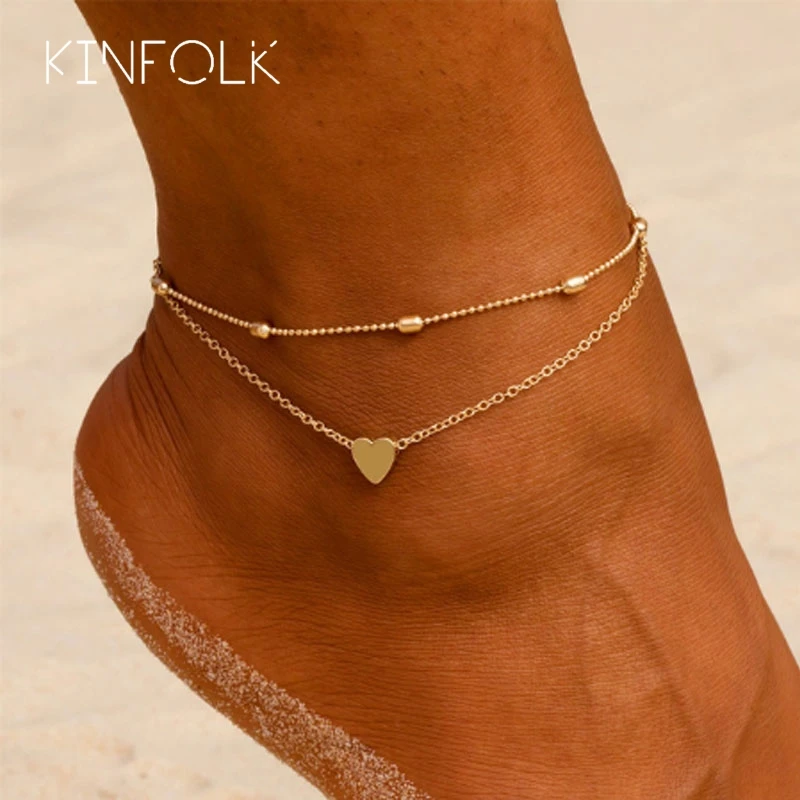 

KINFOLK Simple Multilayer Heart Beads Anklets For Women Girls Gold Color Alloy Love Pendant Foot Chain Cahrm Jewelry Female Gift