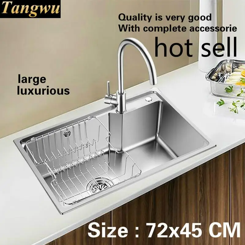 

Free shipping Household high-grade push button drain kitchen single trough sink 304 stainless steel hot sell 72x45 CM