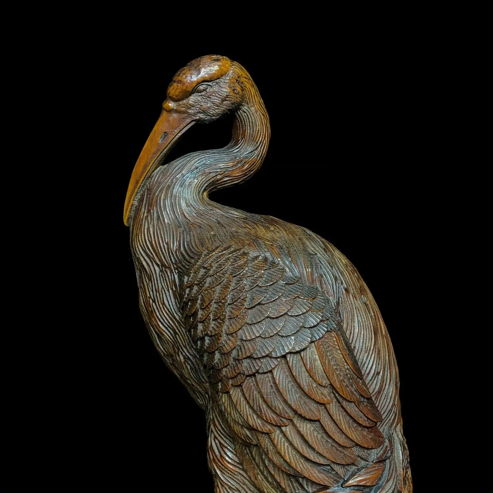 Collectible Japanese Netsuke Old Vintage Boxwood Carved Red-Crowned Crane Statue