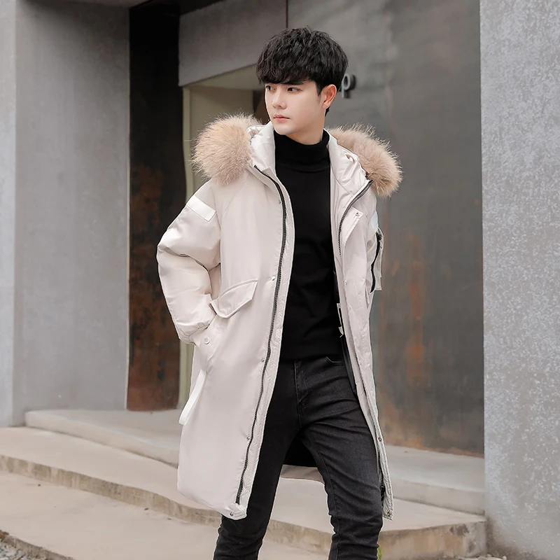 Men's and women's white duck down jacket Slim-fit long couple winter thick warm jacket with big fur warm collor hooded coat