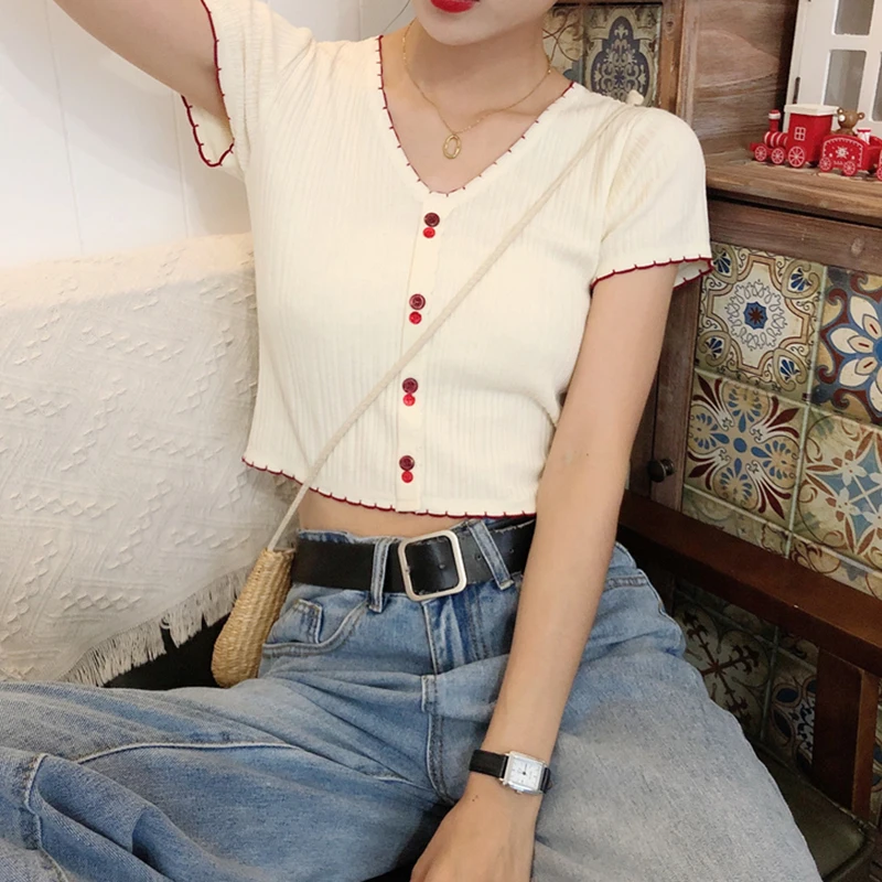 T-shirts Women Flounce Hem Tee Female Buttoned Up Tops V-Neck Solid Cotton Solid Short Sleeve T-shirt 2020 Summer