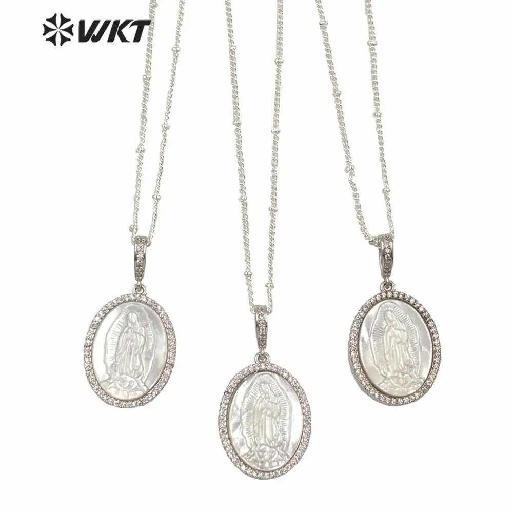 

WT-MN968 Hot sales oval shape micropave cubic zircon mother of pearl virgin Mary necklace lady platinums electroplated necklace