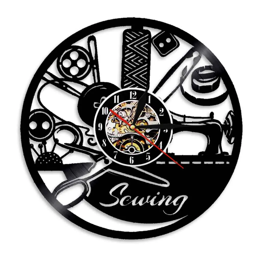 Seamstress Sewing Room Decor Vinyl Record Wall Clock Sewing Machine Wall Clock Sewing Tools Wall Watch Sewing Girl Birthday Gift