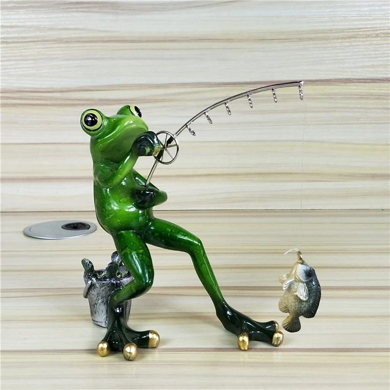 Fishing Frog Figurine Resin Frog Angler Miniature Garden Animal Outdoor Hobby Souvenir Craft Novelty Decor Ornament Accessories