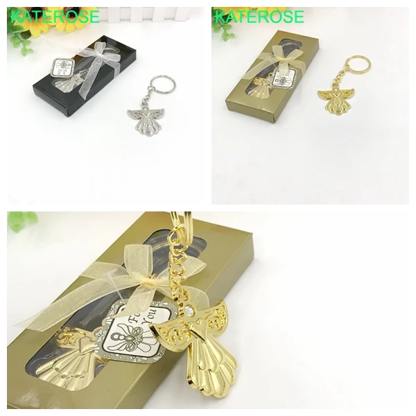 10PCS Cheap Wedding Favors Guardian Angel Key Ring Silver/Gold Keychain Baby Birthday Party Giveaway For Guest