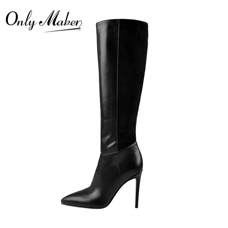 Onlymaker Women's Pointed Toe Black Matte Patchwork Suede Knee High Boots Side Zip Stiletto Fashion Long Boots