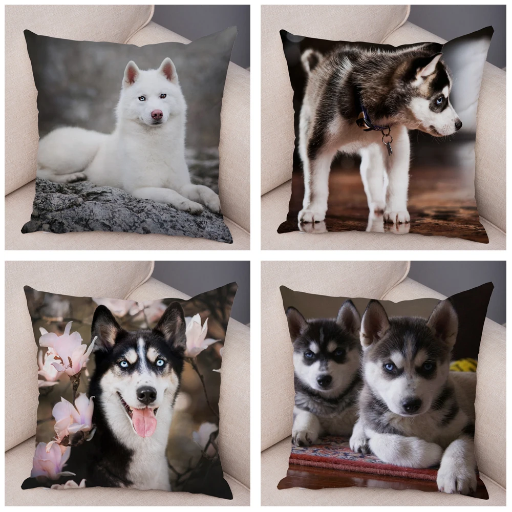 Cute Siberian Husky Pet Animal Cushion Cover for Sofa Car Decor Dog Printed Pillowcase Super Soft Short Plush Pillow Case 45*45