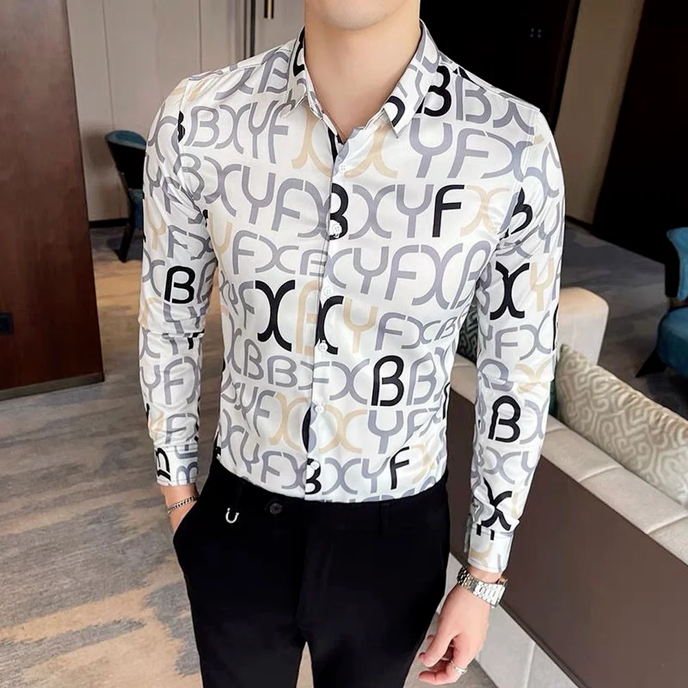 Men's Lapel Button Long-sleeved Shirts,Silky Slim Casual Shirts,Korean Men's Long-sleeved Printed Shirts Fashion Clothing Trends