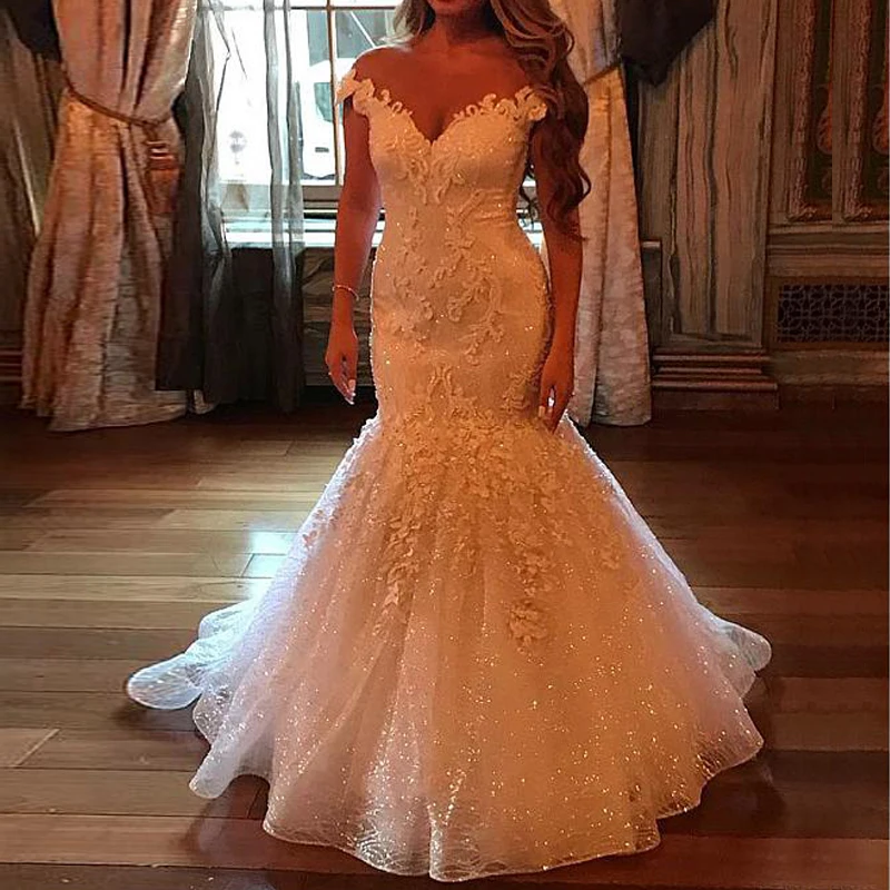 Customized Mermaid Appliques Lace Wedding Dress White Bridal Gowns 2025 V Neck Vestidos De Noiva Plus Size Bling Robe Mariee