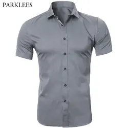 Gray Elastic Bamboo Fiber Shirt Men Brand Summer Short Sleeve Mens Dress Shirts Non Iron Easy Care Business Work Chemise Homme