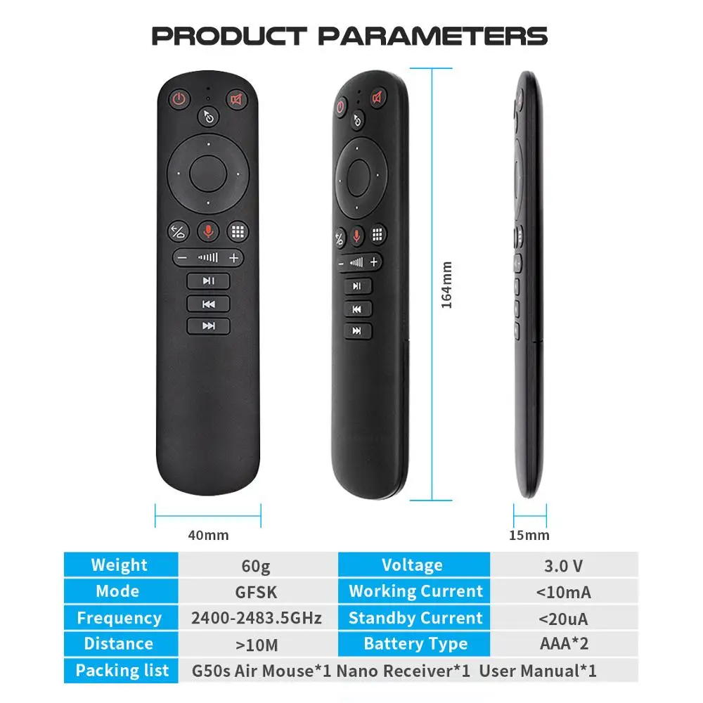 G50S Wireless Fly Air Mouse Gyro Voice 2.4G USB IR learning Remote Control G50 for Smart Android tv universal devices vs G20 G30
