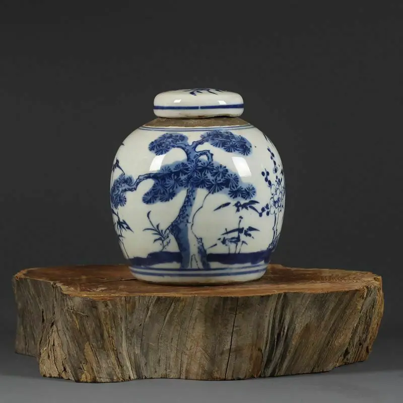 Republic Chinese Blue and white Porcelain hand painted Pine bamboo Jar pot 4.1