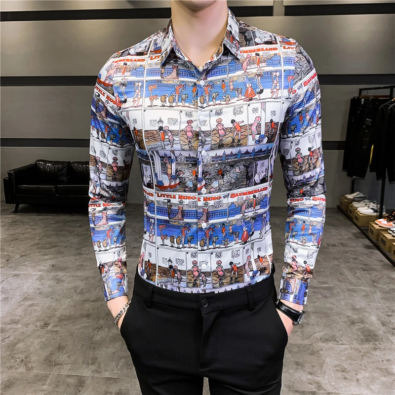 

Spring Slim 2020 Fit Night Club Party Shirts Camisa Masculina Blusa Estampada Masculina Shirt Men Long Sleeve Streetwear Shirt