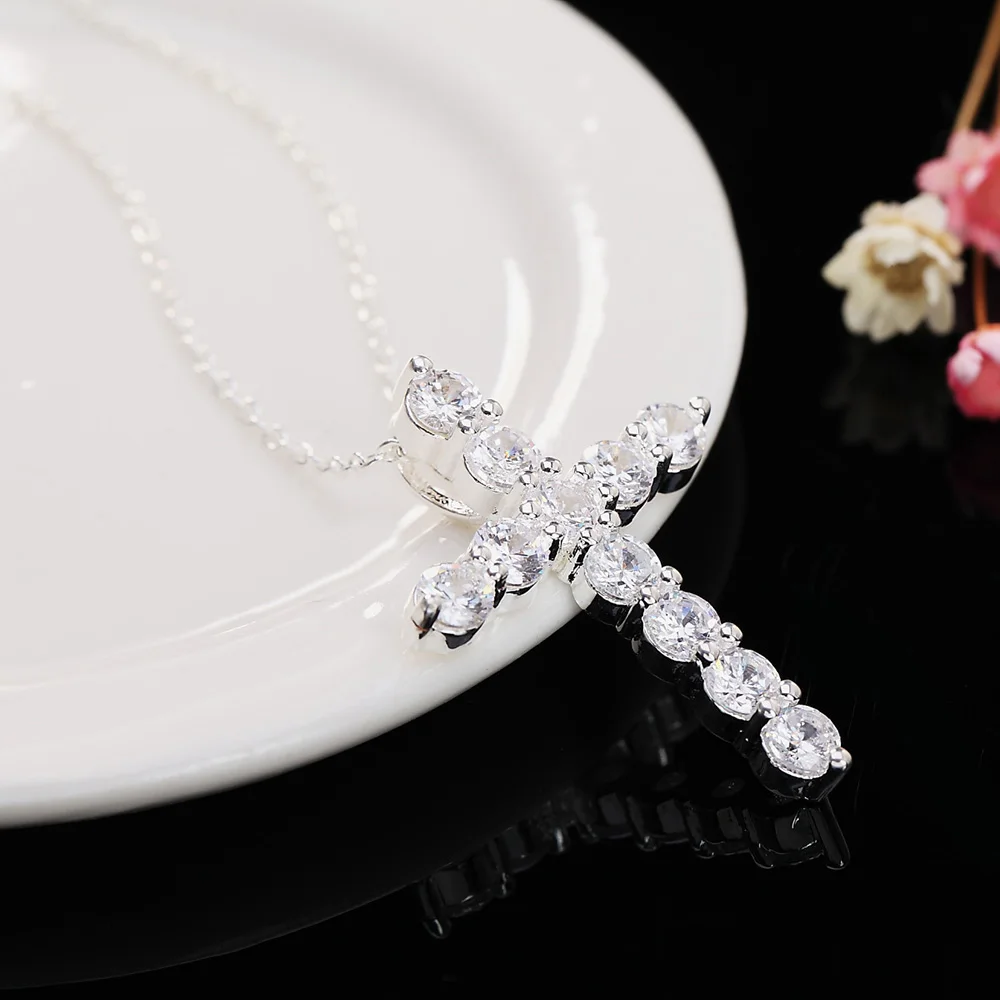 New 925 Sterling Silver Necklace Zircon Cross Pendant Necklace for Woman Men Glamour Jewelry Gift image 3