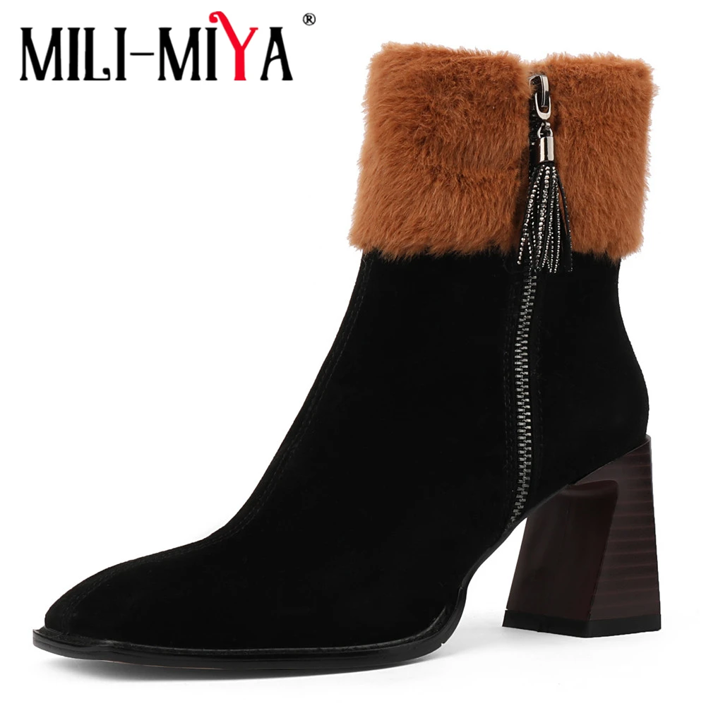 

MILI-MIYA Fashion Square Toe Women Kid Suede Ankle Boots Thick Heels Warm Short Plush Zippers Solid Color Handmade For Ladies