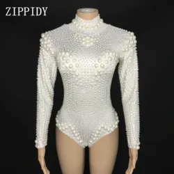 Design White Pearls Stretch Leotard Women's Dance Bodysuit Prom Celebrate Outfit Bar Nightclub Women Dancer Outfit