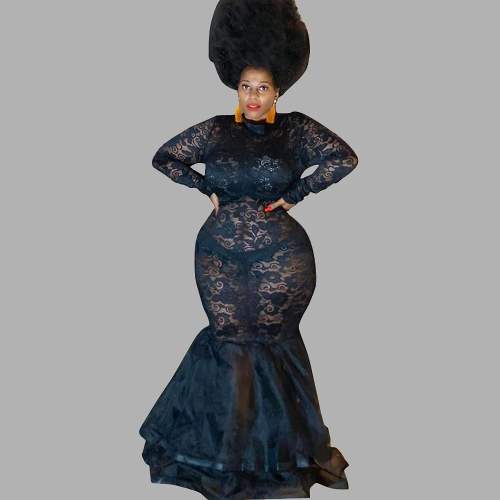 

Women's Birthday Maxi Dresses Party Long Sleeve Lace Mesh Dress Transparent Plus Size Black Mermaid Dress Wholesale Dropshipping
