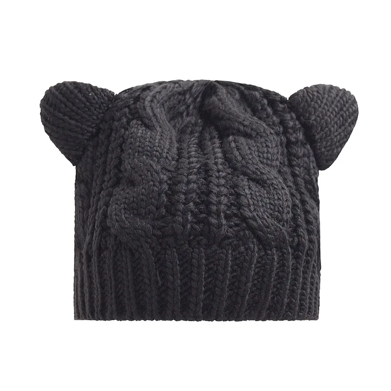 

Cute Ears Black Knit Beanies Women's Hat Lady Girls Skullies Winter Cap Crochet Cable Pattern