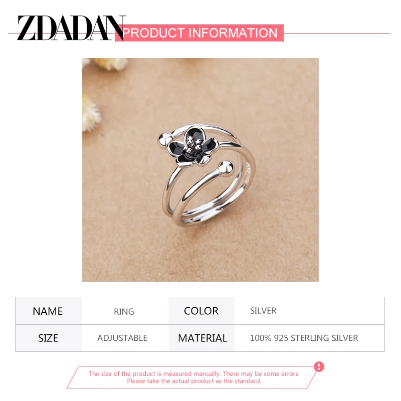 ZDADAN 925 فضة زهرة سوداء قابل للتعديل خواتم للنساء موضة سحر هدية مجوهرات الزفاف