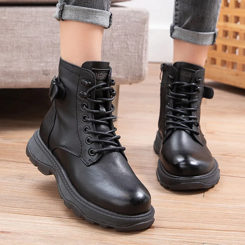 Damskie buty za kostkę z prawdziwej skóry Kobiety Jesień Zima Sznurowane Vintage Kobiety Punk Buty Płaskie Buty Damskie Kobieta Botas Mujer