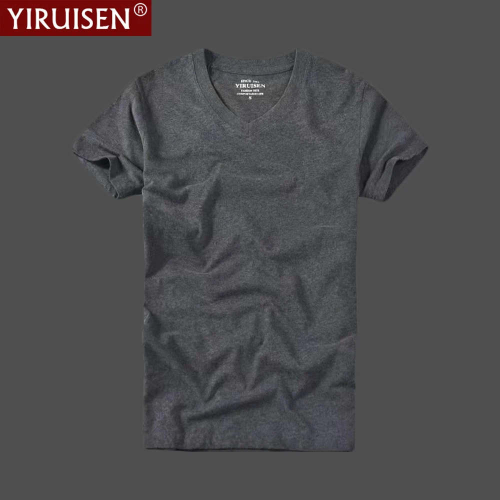 V-Neck 100% Cotton Mens T-Shirt YiRuiSen Solid Color Slim Fit Top Tees Casual Daily Vintage Tshirts Summer Comfortable Male Tee