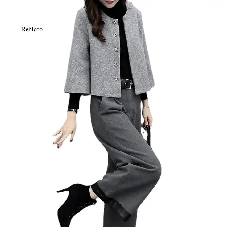 

Women Two Piece Set Wool Coat High Waist Wide Leg Pants Ladies Casual Loose Suit Autumn Winter Clothes New