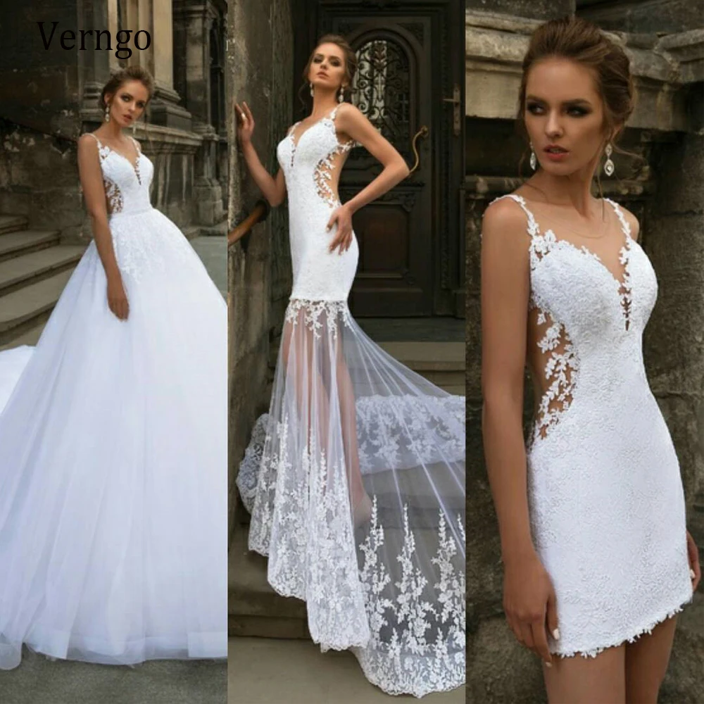 Verngo Modern Short Wedding Dress Mermaid Detachable Train Three Pieces 3 in 1 Lace Applique Sheer Neck Backless Bridal Gown