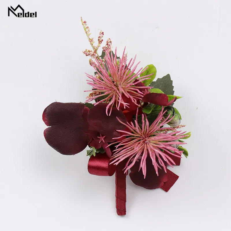 Meldel Rote Blume Boutonnieres für Groomsmen Brautjungfer Handgelenk Korsagen Blume Hochzeit Bräutigam Bouton Red Silk Rose Knopfloch