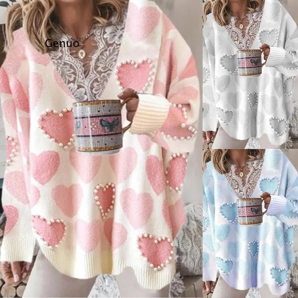 

Solid Color Loose Knit Sweater Women's Lace V-Neck Long Sleeve Warm Sweater Autumn/Winter Casual Elegant Simple Blouse Tops