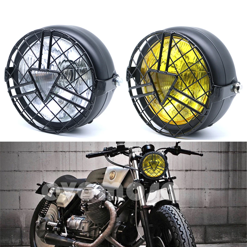 Motorcycle Retro Black Metal Grid 35W Halogen Front Headlight Lamp gril cover Fits For CG125 GN125 For Harley Cafe Racer Honda