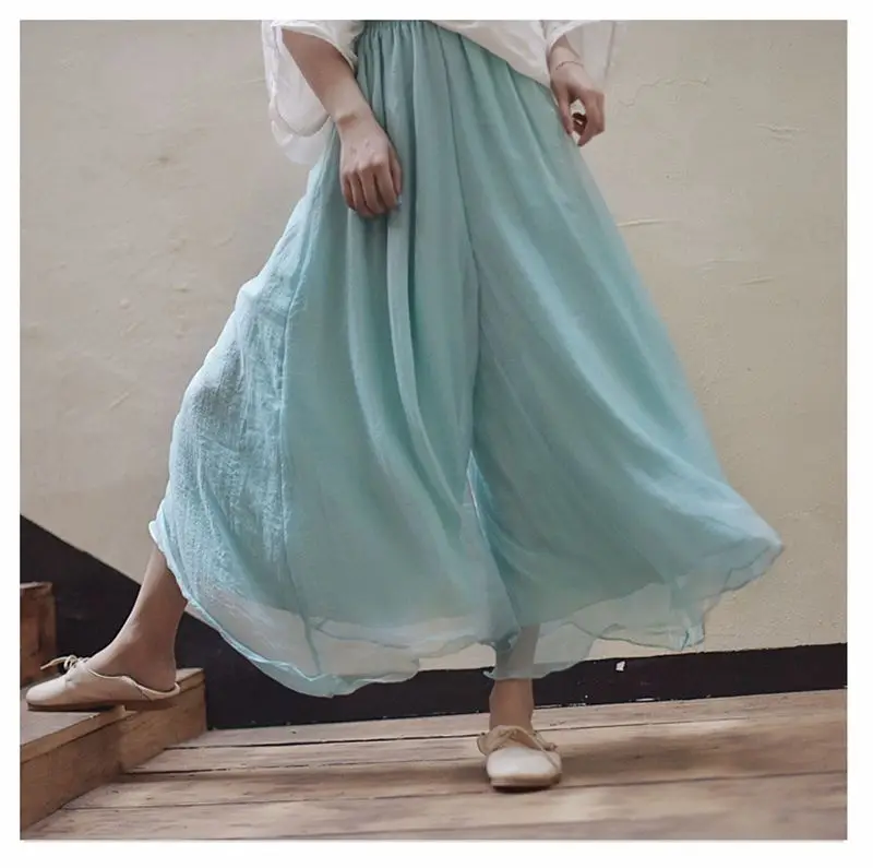 Women\'s Vintage Chinese Style Wide Leg Pants Female Casual Cotton Linen Loose High Waisted Pants Trousers 2024 Spring PA34