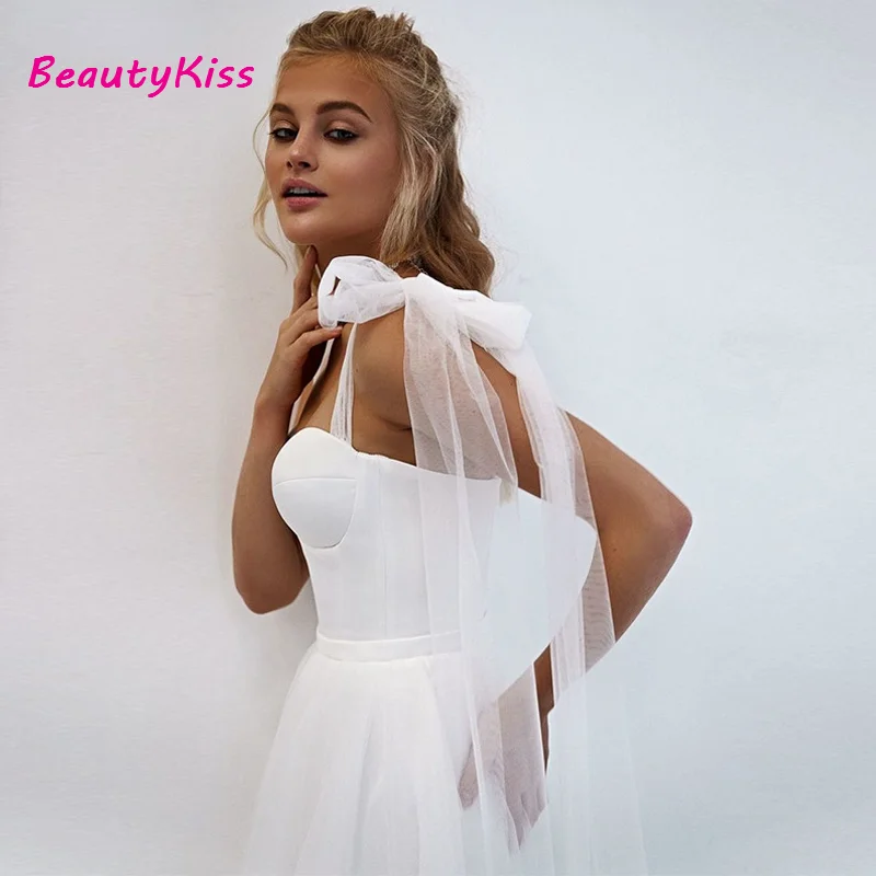 Robes de mariée en tulle blanc simple avec nœud, bretelles spaghetti chérie, ligne A, fête de mariage sur la plage, tout ce qui est éducatif, Boho, 2023