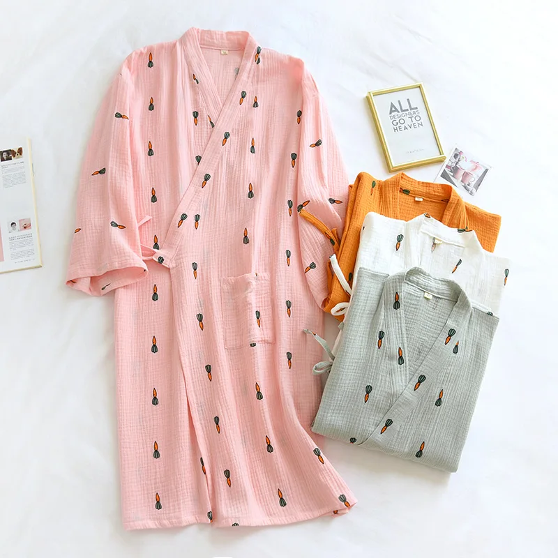 100% Cotton Crepe Pajamas Women\'s Summer Robes Thin Cartoon Carrot 4-color Japanese Kimono Bathrobe V-neck Household Clothes