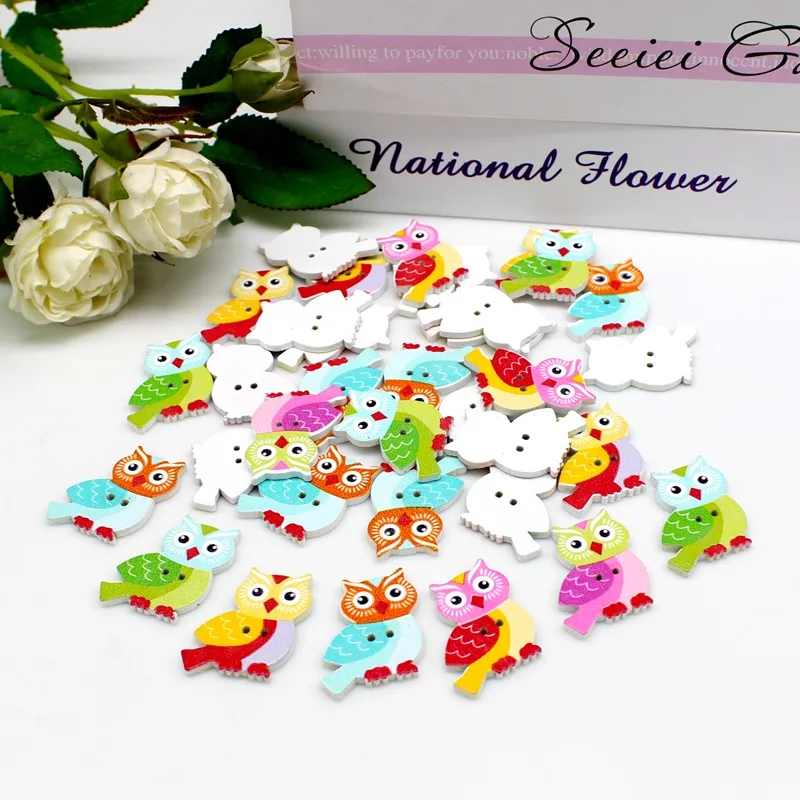 50pcs/lot owl decorative buttons for craft sewing accessories wooden Buttons Scrapbooking for Crafts Supplie