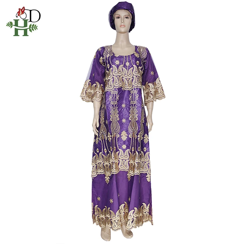 H&D South African Ladies Riche Bazin Lace Dresses Embroidery Dashiki Long Dress With Headtie 2022 African Nigerian Party Clothes