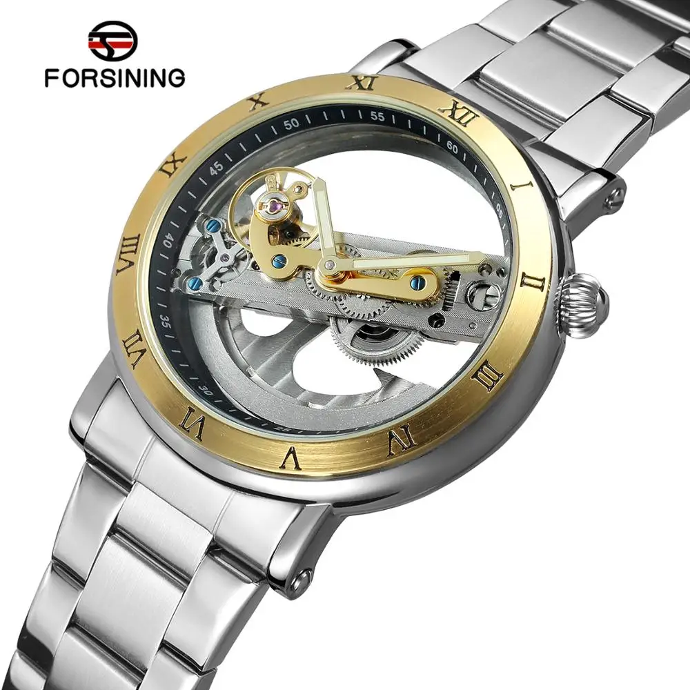 Forsining Luxury Automatic Steel Transparent Hollow Mens Mechanical Watches Trend Hip Hop Sports Male Wristwatch Relogio Masculi