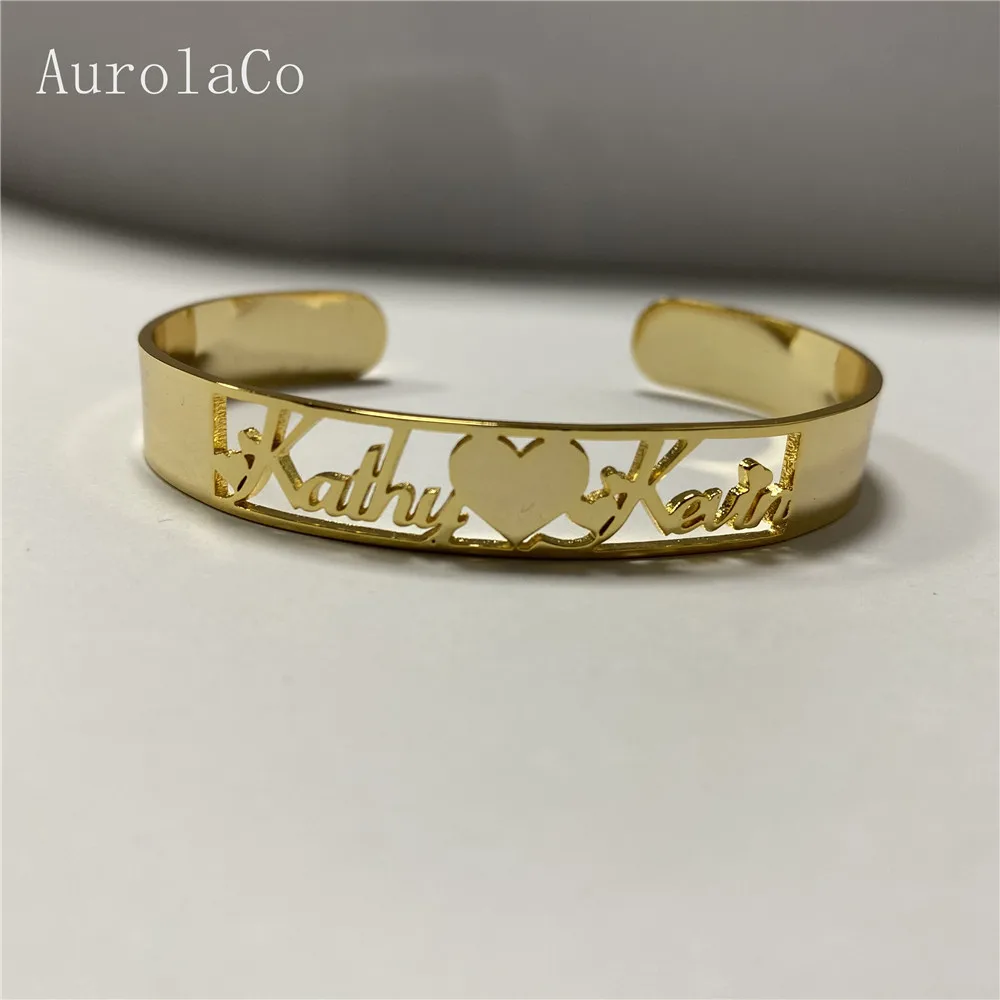 AurolaCo Customized Name Bracelets Personalized Custom Cuff Bangles Women Men Rose Gold Stainless Steel Jewelry Gifts