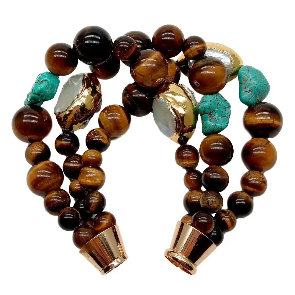 

KKGEM 3 Strands 8-16mm Round Yellow Tiger Eye 19x26mm White Keshi Pearl Blue Turquoise strand Bracelet Magnet Clasp