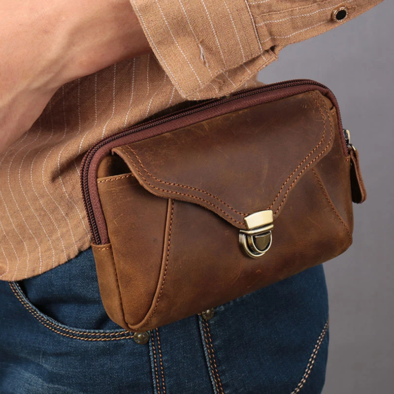 Fashion Bum Bag Waist Pack Men Women Leather Waist Pack On Belt Pouch Genuine Leather Outdoor Phone Pouch Cigarette Tissue