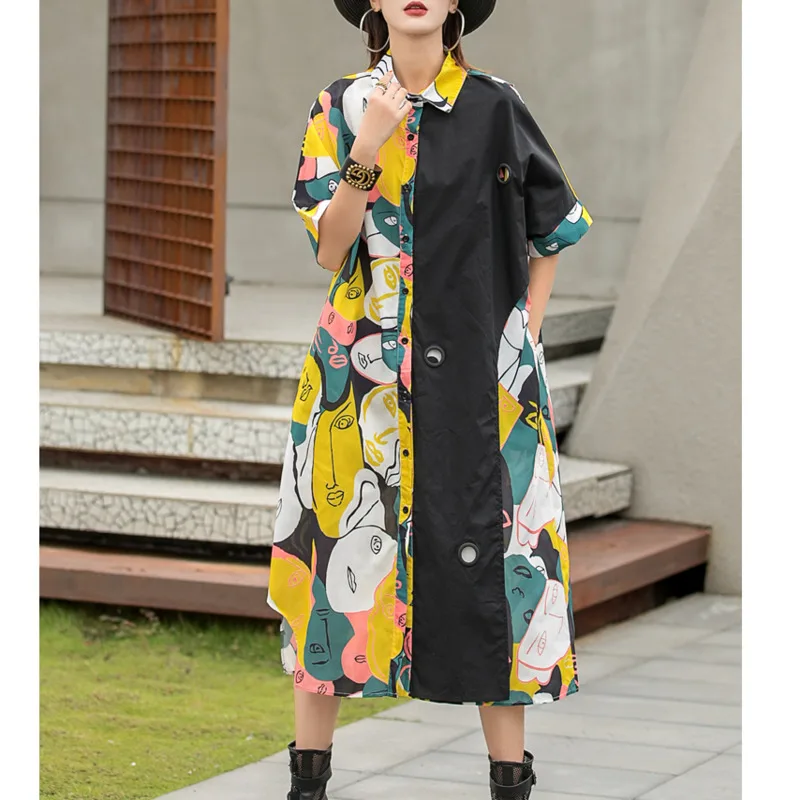 Fashion Character Printed Women Dress 2021 Summer Patchwork Long Dress Women's Lapel Shirt Dress Loose Black  Z642